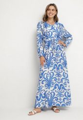 Niebieska Rozkloszowana Sukienka z Wiskozą z Wiązaniem w Abstrakcyjny Wzór Ridimarelle. Niebieskie sukienki damskie Born2be, l, bez wzorów, z materiału, klasyczne, bez kołnierzyka, bez ramiączek, maxi, rozkloszowane. Za 99.99 zł.