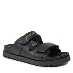 Klapki Guess. Czarne klapki damskie Guess, z aplikacjami, bez obcasa, bez zapięcia. Za 399.99 zł.