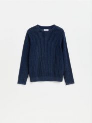 Strukturalny sweter z bawełny - niebieski. Niebieskie swetry męskie Reserved, l, bez wzorów, z bawełny, bez kołnierzyka, bez ramiączek. Za 129.99 zł.