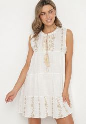 Biała Sukienka Boho z Wiskozą o Rozkloszowanym Kroju z Haftem i Wiązaniem Terhira. Białe sukienki damskie Born2be, na co dzień, bez wzorów, z wiskozy, boho, bez kołnierzyka, bez ramiączek, mini, rozkloszowane. Za 99.99 zł.