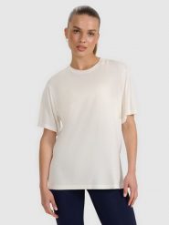 4F T-shirt oversize z modalem damski - biały L. Białe t-shirty damskie 4F, l, bez wzorów, z jersey, klasyczne, bez kołnierzyka, bez ramiączek. W wyprzedaży za 79.99 zł.