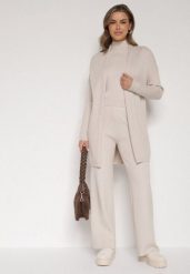 Beżowy Dzianinowy Komplet z Wiskozą Spodnie Bluzka z Półgolfem i Kardigan Vetisena. Brązowe kardigany damskie Born2be, l, bez wzorów, z dzianiny, biznesowe, bez kołnierzyka. Za 189.99 zł.