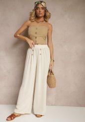 Jasnobeżowe Spodnie z Bawełną o Szerokim Kroju High Waist Ozdobione Guzikami Morritia. Brązowe spodnie materiałowe damskie Renee, bez wzorów, z bawełny, eleganckie, z podwyższonym stanem. Za 39.99 zł.
