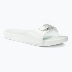 Klapki damskie Scholl Pescura Flat Aqua Eva. Białe klapki damskie Scholl, bez wzorów, bez obcasa, bez zapięcia. Za 119.99 zł.