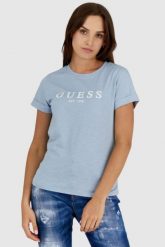 GUESS Błękitny t-shirt damski z białym logo. Niebieskie t-shirty damskie Guess, s, z aplikacjami, z bawełny, bez kołnierzyka, bez ramiączek. W wyprzedaży za 99.99 zł.