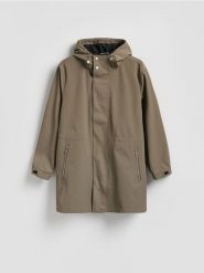 Kurtka parka z kapturem - ciemnozielony. Zielone parki męskie Reserved, l, bez wzorów, bez kołnierzyka, z kapturem. Za 299.99 zł.