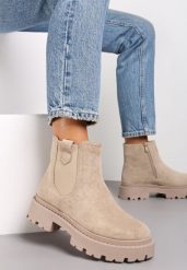 Beżowe Botki Sztyblety na Grubej Podeszwie Liraelia. Brązowe botki damskie Renee, bez wzorów, z jeansu, eleganckie, bez obcasa, na obcasie, bez zapięcia. Za 109.99 zł.