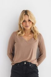 BLUZKA KLARA MODAL TAUPE S - Flawless. Bluzki damskie Flawless, s, bez wzorów, ze skóry, eleganckie, bez kołnierzyka, bez ramiączek. Za 140.00 zł.