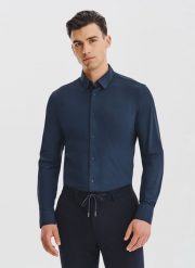 PAKO LORENTE – Granatowa dzianinowa koszula męska. Koszule męskie Pako Lorente, m, bez wzorów, z dzianiny, klasyczne, bez kołnierzyka, bez ramiączek. Za 299.99 zł.