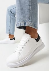 Biało-Czarne Sznurowane Sneakersy na Płaskiej Podeszwie przed Kostkę Duta. Białe obuwie sportowe damskie Born2be, bez wzorów, bez zapięcia. Za 69.99 zł.