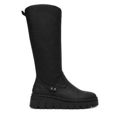 Kozaki Rieker. Czarne kozaki damskie Rieker, bez wzorów, bez obcasa, na koturnie, bez zapięcia. Za 429.99 zł.