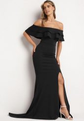 Czarna Elegancka Sukienka Typu Hiszpanka z Rozkloszowanym Dołem i Wycięciami Tumini. Czarne sukienki damskie Born2be, na lato, m, bez wzorów, z dzianiny, eleganckie, bez kołnierzyka, bez ramiączek, maxi, rozkloszowane. Za 159.99 zł.