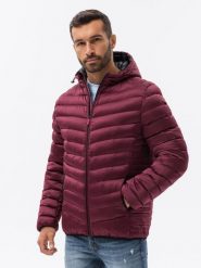 Pikowana sportowa męska kurtka o satynowym wykończeniu – bordowa V16 - Rozmiar: XL. Czerwone kurtki sportowe męskie Ombre Clothing, m, z aplikacjami, z materiału, bez kaptura. W wyprzedaży za 139.99 zł.