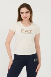 EA7 Beżowy t-shirt. Czerwone t-shirty damskie EA7 Emporio Armani, xs, bez wzorów, bez kołnierzyka, bez ramiączek. W wyprzedaży za 189.99 zł.