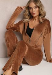 Brązowy Welurowy Komplet Dresowy z Bluzą i Spodniami Lunamea. Brązowe bluzy damskie Renee, m, bez wzorów, z dresówki, bez ramiączek, bez kaptura. Za 159.99 zł.