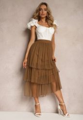 Brązowa Tiulowa Spódnica Rozkloszowana z Plisowaniem High Waist Eveleena. Brązowe spódnice damskie Renee, bez wzorów, z tiulu, wizytowe, z podwyższonym stanem, midi, dopasowane. Za 44.99 zł.