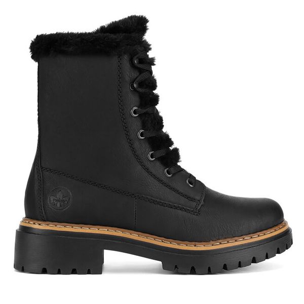 Trzewiki Rieker. Czarne botki damskie Rieker, bez wzorów, bez obcasa, na płaskiej podeszwie, bez zapięcia. Za 389.99 zł.