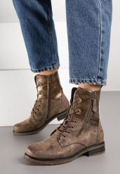 Brązowe Botki w Stylu Workerów z Ozdobnym Suwakiem i Wężową Wstawką Vemalora. Brązowe botki damskie Renee, bez wzorów, z jeansu, eleganckie, bez obcasa, na płaskiej podeszwie, bez zapięcia. Za 149.99 zł.
