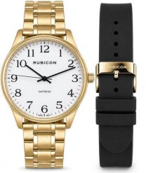 Zegarek Rubicon Zegarek męski RUBICON DIEGO RNAA02 złoty bransoleta + czarny silikon cyfry. Czarne zegarki męskie Rubicon, bez wzorów, złote. Za 349.90 zł.