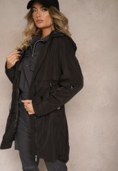 Czarna Kurtka Parka z Odpinanym Kapturem i Troczkiem w Talii Labiana. Czarne kurtki damskie Renee, l, bez wzorów, z materiału. Za 179.99 zł.