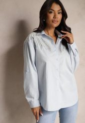 Niebieska Bawełniana Koszula z Cekinami Donithiel. Niebieskie koszule damskie Renee, l, bez wzorów, z bawełny, eleganckie, bez kołnierzyka, bez ramiączek. Za 79.99 zł.