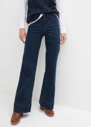 Dżinsy z szerokimi nogawkami, talią mid waist i wygodnym stretchem. Niebieskie jeansy damskie bonprix, bez wzorów, z jeansu. Za 127.99 zł.