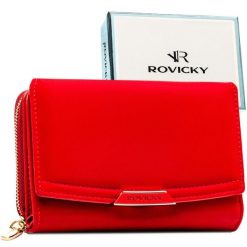Czerwony, średni portfel damski ze skóry ekologicznej zamykany na zatrzask - Rovicky. Czerwone portfele damskie ROVICKY, ze skóry ekologicznej. Za 79.99 zł.