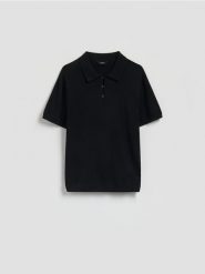 Bawełniany sweter polo - czarny. Czarne swetry męskie Reserved, l, bez wzorów, z bawełny, bez kołnierzyka, bez ramiączek. Za 119.99 zł.