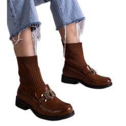 Brązowe botki z materiałową cholewką. Brązowe botki damskie bez wzorów, z materiału, eleganckie, bez obcasa, bez zapięcia. Za 80.34 zł.