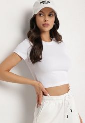 Biały T-shirt z Prążkowanego Materiału o Krótkim Kroju Telunna. Białe t-shirty damskie Born2be, l, bez wzorów, z jeansu, eleganckie, bez kołnierzyka, bez ramiączek. Za 29.99 zł.