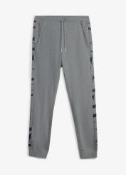 Spodnie sportowe z paskami po bokach, z bawełny organicznej. Szare spodnie sportowe męskie bonprix, l, bez wzorów, z bawełny. Za 112.99 zł.