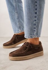 Brązowe Zamszowe Półbuty ze Skórzaną Wkładką i Ozdobnymi Przeszyciami Olenos. Brązowe półbuty damskie Born2be, bez wzorów, z dresówki, bez obcasa, bez zapięcia. Za 189.99 zł.