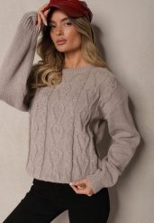 Szary Sweter z Wełną Ozdobnym Splotem i Ściągaczem Nariae. Szare swetry nierozpinane damskie Renee, uniwersalny, bez wzorów, z jeansu, casualowe, bez kołnierzyka, bez ramiączek. Za 54.99 zł.