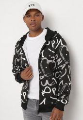 Czarna Bluza z Kapturem Zapinana na Suwak z Nadrukiem Uvavia. Czarne bluzy męskie Born2be, l, bez wzorów, z kapturem. Za 54.99 zł.