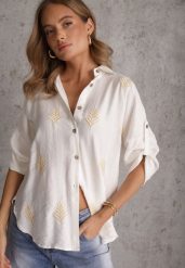 Biała Wiskozowa Koszula z Przedłużonym Tyłem Haftem i Podpinanymi Rękawami Sophora. Białe koszule damskie Renee, l, z aplikacjami, z materiału, casualowe, bez kołnierzyka, bez ramiączek. Za 69.99 zł.