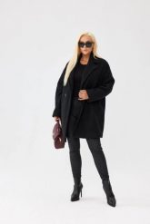 Czarny damski płaszcz Isabella z tkaniny bukla - elegancja i komfort PLUS SIZE XXL OVERSIZE JESIEŃ. Czarne płaszcze damskie Moda Size Plus Iwanek, na jesień, l, bez wzorów, z poliesteru, eleganckie, bez kołnierzyka, bez kaptura. Za 559.90 zł.