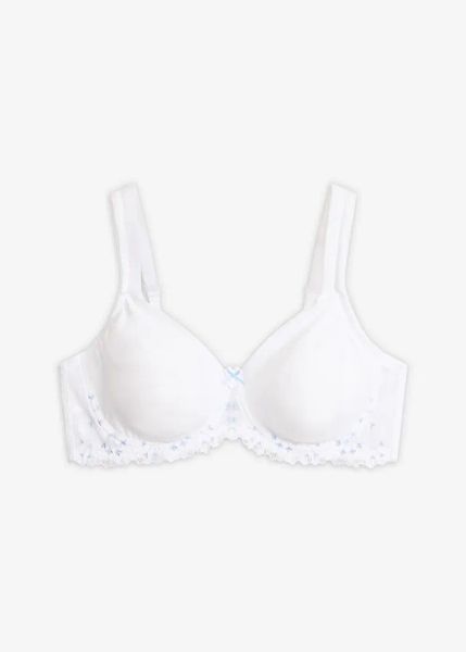 Biustonosz minimizer z delikatnym haftem. Białe biustonosze bonprix, bez wzorów. Za 47.99 zł.