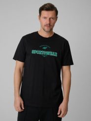 4F T-shirt regular z nadrukiem męski - czarny M. Czarne t-shirty męskie 4F, m, bez wzorów, z bawełny, bez kołnierzyka, bez ramiączek. Za 79.99 zł.
