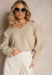 Beżowa Bawełniana Bluzka z Trójkątnym Dekoltem i Ozdobną Falbanką Redsta. Brązowe bluzki damskie Renee, l, bez wzorów, z bawełny, eleganckie, bez kołnierzyka, bez ramiączek. Za 69.99 zł.