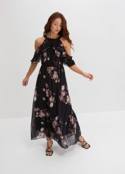 Długa sukienka z siateczki. Czarne sukienki damskie bonprix, bez wzorów, bez kołnierzyka, bez ramiączek, maxi. Za 169.99 zł.