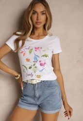 Biały T-shirt z Bawełny Zdobiony Nadrukiem Zarinel. Czerwone t-shirty damskie Renee, l, z aplikacjami, z bawełny, eleganckie, bez kołnierzyka, bez ramiączek. Za 29.99 zł.