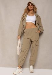 Ciemnobeżowy Komplet Dresowy Spodnie Bojówki z Gumką w Pasie i Bluza na Suwak Zakończona Ściągaczem na Dole Tiazena. Brązowe bluzy damskie Renee, l, bez wzorów, z dresówki, bez ramiączek, bez kaptura. Za 149.99 zł.