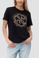 GUESS Czarny damski t-shirt na krótki rękaw z cyrkoniami Corinne, Rozmiar XS. Czarne t-shirty damskie Guess, xs, z aplikacjami, eleganckie, bez kołnierzyka, bez ramiączek. Za 239.99 zł.