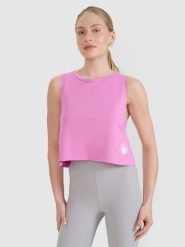 4F Top regular z nadrukiem damski - różowy XL. Czerwone topy damskie 4F, xl, bez wzorów, z bawełny, klasyczne, bez kołnierzyka, bez ramiączek. W wyprzedaży za 29.99 zł.