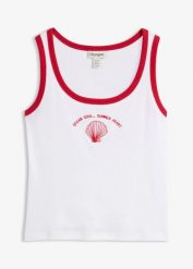 Top w prążek, z czystej bawełny organicznej. Niebieskie topy damskie bonprix, bez wzorów, z bawełny, bez kołnierzyka, bez ramiączek. Za 24.99 zł.