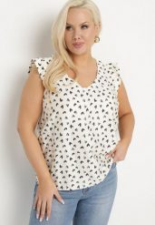 Beżowo-Czarna Bluzka z Wiskozą w Serduszka z Falbankami na Ramionach Tasozi. Czarne bluzki damskie Born2be, plus size, bez wzorów, z jeansu, bez kołnierzyka, plus size, bez ramiączek. Za 29.99 zł.