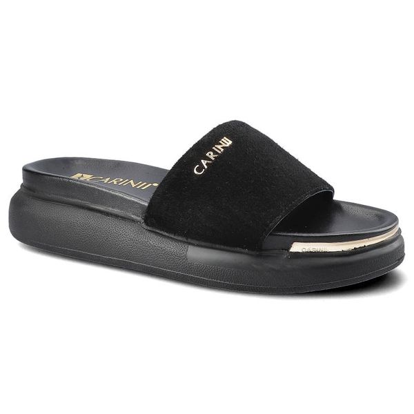 Czarne Klapki Carinii Damskie Stylowe Buty Na Lato. Czarne klapki damskie Carinii, na lato, bez wzorów, eleganckie, bez obcasa, na platformie, bez zapięcia. Za 265.00 zł.