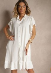 Biała Koszulowa Sukienka Ozdobiona Falbankami i Guzikami Tenelora. Białe sukienki damskie Renee, na co dzień, bez wzorów, eleganckie, bez kołnierzyka, bez ramiączek, midi, koszulowe. Za 54.99 zł.