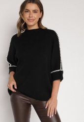 Czarny Sweter z Kontrastową Lamówką Tuselle. Czarne swetry nierozpinane damskie Born2be, bez wzorów, z jeansu, biznesowe, bez kołnierzyka, bez ramiączek. Za 109.99 zł.