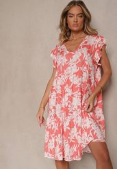 Różowa Kwiatowa Rozkloszowana Sukienka z Bawełny Liravira. Czerwone sukienki damskie Renee, na co dzień, na lato, l, bez wzorów, z bawełny, eleganckie, bez kołnierzyka, bez ramiączek, midi, rozkloszowane. Za 49.99 zł.